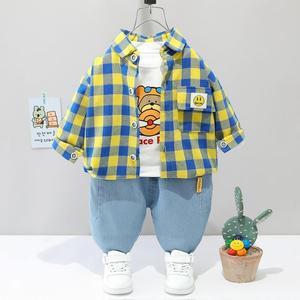 韩系婴儿衣服春秋款衬衫套装2男宝宝1-3岁格子休闲开衫三件套4儿