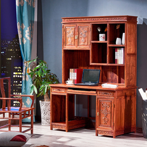 红木电脑桌刺猬紫檀书桌书柜一体书架组合家用中式花梨实木写字台