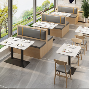 小吃奶茶店餐饮咖啡厅汉堡甜品饭店食堂靠墙板式卡座沙发桌椅组合