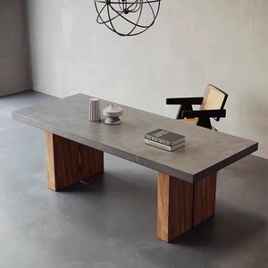 北欧复古工业风仿水泥色会议桌家用餐桌实木长桌办公桌极简工作台