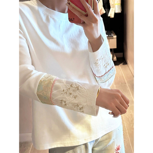 新中式国风白色拼接刺绣t恤内搭打底衫新款独特别致棉质上衣长袖