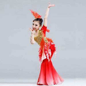 儿童鱼儿欢歌演出服女童傣族古典舞蹈美人鱼唧唧鱼儿跃红色表演服