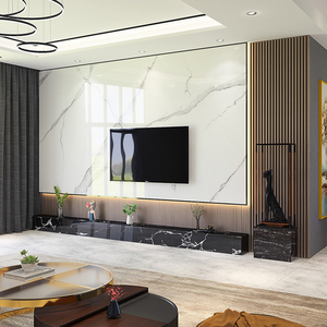 岩板悬空电视背景墙现代简约大理石瓷砖轻奢风客厅木格栅背景装饰