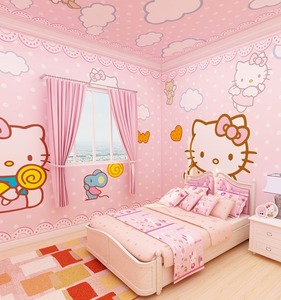 KT猫女孩温馨卧室壁纸儿童房公主粉色壁画简约儿童墙布麻将馆墙纸