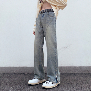 夏季新款美式高街牛仔裤男vibe设计感拉链微喇宽松直筒长裤子男款
