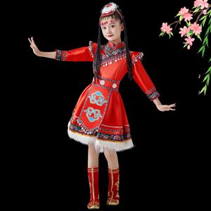 藏族舞蹈演出服儿童少数民族蒙古表演服苗族卓玛水袖舞蹈服装女童