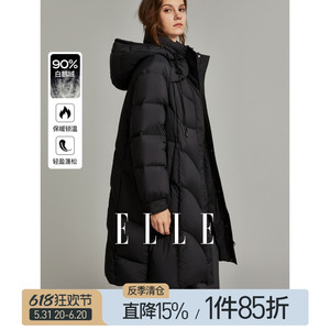 【反季清仓】ELLE黑色90鹅绒中长款连帽羽绒服女冬加厚保暖外套
