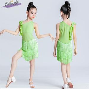 绿色拉丁舞服2024新款练功服女儿童舞蹈比赛规定服表演服流苏裙子