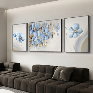 纯手绘客厅装饰画蓝色花卉三联沙发背景墙挂画肌理画简约床头壁画