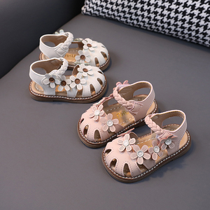 卡特兔夏季新款宝宝鞋子女0-1-3岁2女童包头凉鞋花朵婴儿鞋软底周