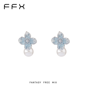 【titi推荐】FFX【蓝雾】浅水蓝水晶花卉珍珠耳钉