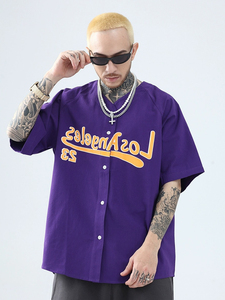 美式复古嘻哈hiphop街舞棒球短袖23印花圆弧下摆开衫宽松衬衫男潮
