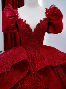 红色复古法式婚纱2024新款新娘高级质感重工奢华小个子大拖尾主纱