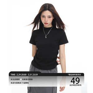 美式黑色针织短袖t恤女夏季辣妹修身紧身半高领上衣短款2024新款