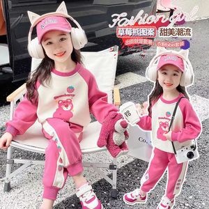 女童粉红色印花卡通套装冬季新款中小童女宝圆领休闲运动两件套潮