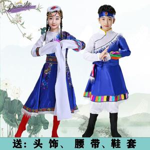 藏族舞蹈服装演出服儿童夏季西藏走秀藏式衣服长水袖蒙古帽子裙袍