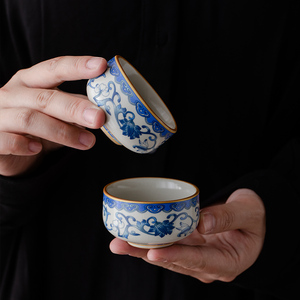 几欢青花茶杯中式茶杯家用单个复古缠枝莲主人杯个人专用高档客杯