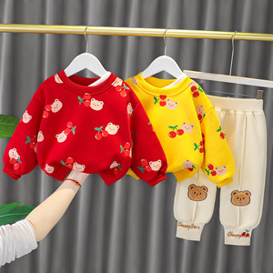 早冬装新款男女童0-4岁加绒卫衣长袖套装宝宝卡通休闲加厚两件套3