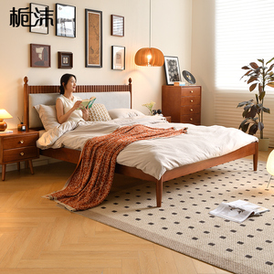 栀沫主卧双人床1.8米北欧日式黄杨木床全实木小户型软包靠背大床