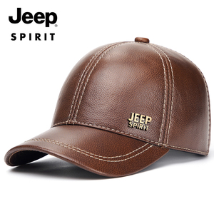 Jeep牛皮棒球帽男士秋冬天单款真皮帽子户外中年父亲帽休闲鸭舌帽