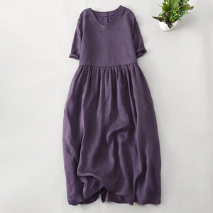 紫色刺绣棉麻短袖连衣裙女夏季新款2024妈妈宽松v领亚麻中长裙子