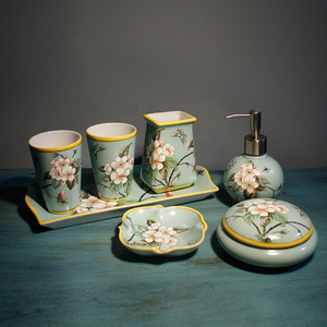 中式复古陶瓷卫浴四件套美式卫生间漱口杯刷牙杯五件套洗漱六件套