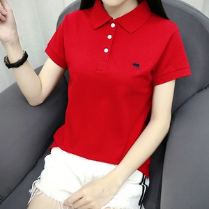 阿迪达斯大红色短袖女大码POLO衫翻领t恤纯棉夏季女士运动半袖衣