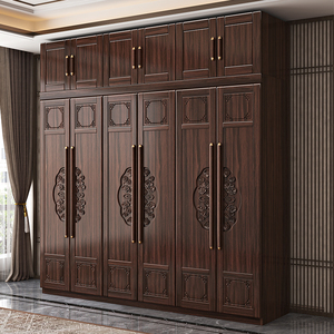 实木衣柜卧室家用3456门紫金檀木原木雕花大衣橱多层收纳储物柜子