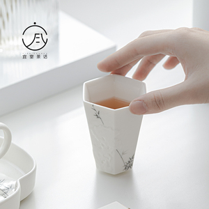 宜室茶话浮雕太湖石纯手绘竹子六方茶杯家用陶瓷主人杯单个闻香杯