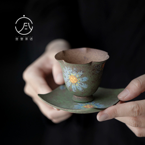 宜室茶话老岩泥纯手绘向日葵花口茶杯家用陶瓷主人杯单杯功夫茶具