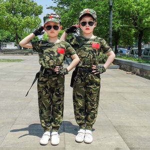 新款2024儿童短袖长裤迷彩服套装女童男童小学生夏令营军装演出服