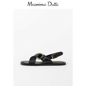 Massimo Dutti女鞋2024春新款真皮交叉带平底拖鞋黑色罗马凉鞋女