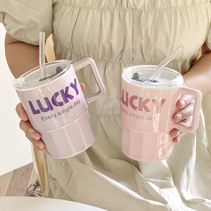lucky吸管杯子马克杯带盖陶瓷水杯家用情侣办公室咖啡果汁牛奶杯