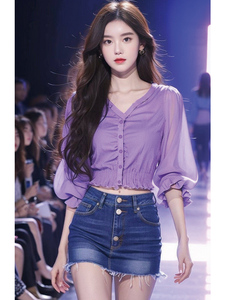 外贸原单正品尾货今年流行的漂亮小衫衬衫女装夏季独特浅紫色上衣