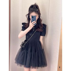 黑色娃娃领网纱气质连衣裙女2024夏新款修身显瘦小个子泡泡袖短裙