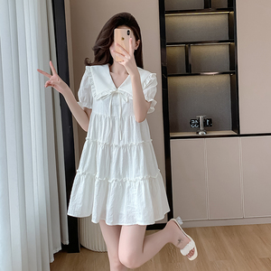 韩版白色纯欲连衣裙女装夏季泡泡袖蛋糕裙娃娃领宽松显瘦短裙子潮