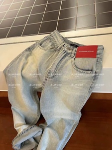 RL.SHOP2024春季新款韩版潮流贴标设计感复古怀旧洗水直筒牛仔裤