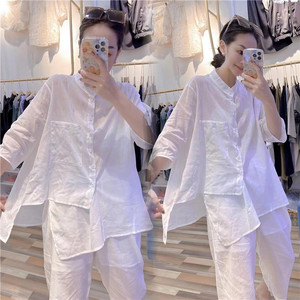欧洲站夏季新款韩版宽松大码女士开衫七分袖薄款透气白色两件套装