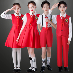 儿童合唱演出服中小学生爱国红歌表演男女童诗歌朗诵红色马甲礼服
