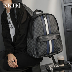 NKTK男士品牌双肩包PU皮质女生时尚背包大学生潮流书包14寸电脑包