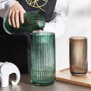 创意加厚玻璃透明花瓶竖条纹花瓶彩色插花简约花瓶圆柱罗马柱花器