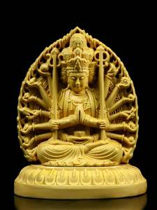 黄杨木本命年双面雕刻观音汽车摆件阿弥陀佛手把件生肖守护神佛像