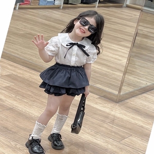 韩国设计师系列!高品质女童白衬衫藏青百褶裙夏季儿童学院风套装