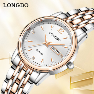 龙波LONGBO品牌钢带女手表跨境外贸休闲双历石英女士腕表