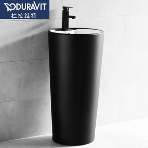 杜拉维特简约黑色立柱盆卫生间洗手池一体落地式阳台圆形陶瓷立式