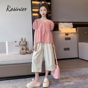 韩国ROSINIER女童夏装套装女孩泡泡袖打底衫阔腿裤儿童夏季两件套