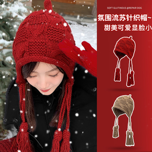 毛线帽女潮秋冬季红色针织帽流苏本命新年款保暖包头护耳可爱帽子