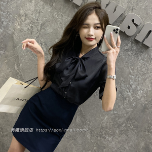 夏季新款韩版行政女装套装女短袖职业装黑色衬衫套裙美容师工作服