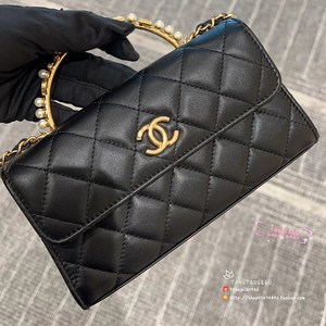 代购 23b chanel香奈儿 黑色kelly凯莉包 珍珠字母手柄双c 链条包