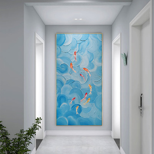 玄关聚财九鱼图手绘油画客厅蓝色海浪肌理装饰画抽象锦鲤立体挂画